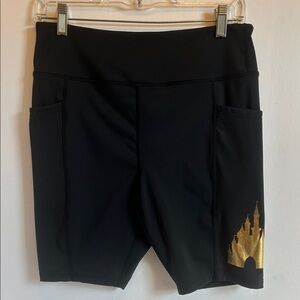 Disney Black Athletic Fitness Yoga  Shorts with Gold Castle Design Women’s LG